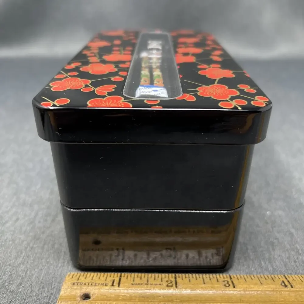 Vintage Japanese 2 Tier Bento Box Lacquerware Black Red Floral with Chopsticks